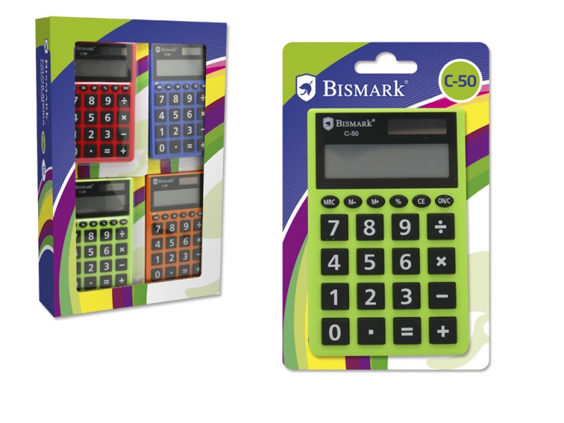 LOT de 4 Bismark C-50 Calculatrice scolaire à 8 chiffres – Fonctions de base et mémoire – Alimenté par énergie solaire et batterie – Couleurs assorties