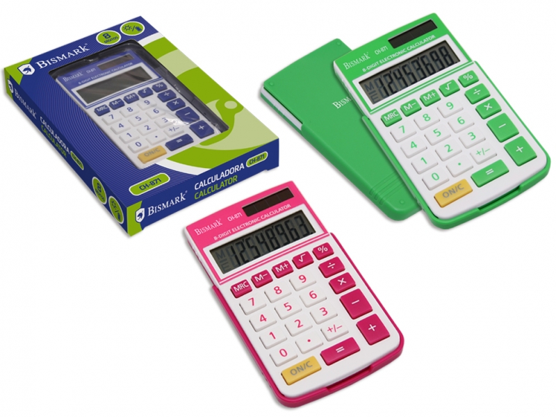 LOT de 4 Bismark Calculatrice scolaire à 8 chiffres – Couverture rigide – Fonctions de base et mémoire – Alimenté par énergie solaire et batterie – Couleurs assorties