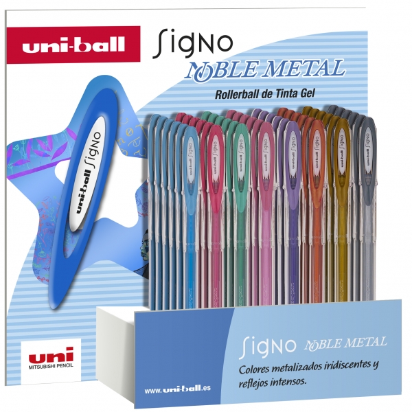 LOT de 48 Uni-ball Signo Noble Metal UM-120NM Présentoir de 48 rouleaux à encre gel - Pointe sphérique de 0,8 mm - Encre résistante à l'eau et à la lumière - Écrit sur papier noir et blanc - Couleurs assorties