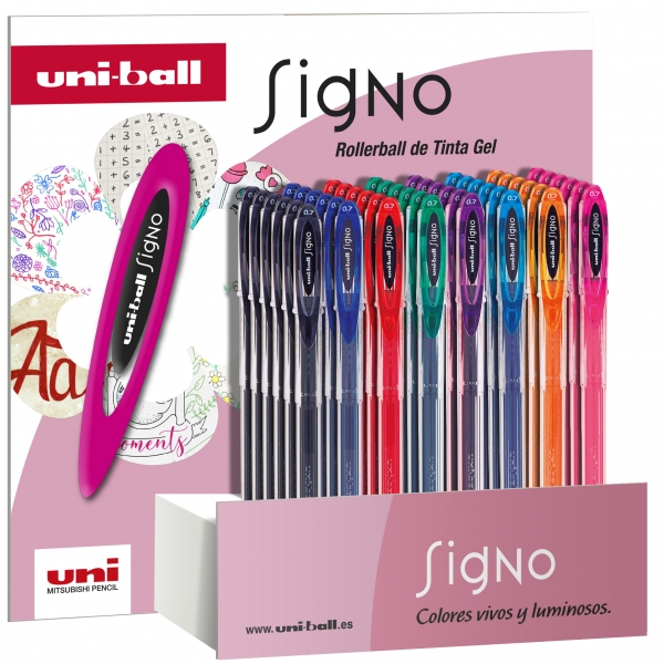 LOT de 48 Uni-ball Signo UM-120 Présentoir de 48 rouleaux à encre gel - Pointe sphérique 0,7 mm - Encre résistante à l'eau et à la lumière - Couleurs assorties