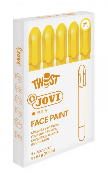 LOT de 5 Bâton de peinture pour le visage Jovi Twist - Hypoallergénique - À base d'eau - Application facile - Excellente couverture - Sèche rapidement - Facile à enlever - Sans parabène - Couleur jaune