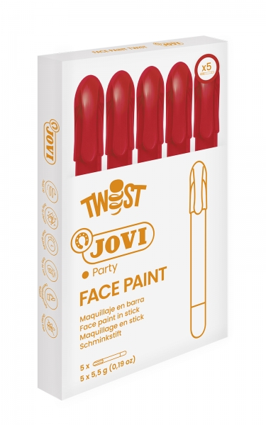 LOT de 5 Bâton de peinture pour le visage Jovi Twist - Hypoallergénique - À base d'eau - Facile à appliquer et à enlever - Excellente couverture - Sèche rapidement - Sans parabène - Couleur rouge