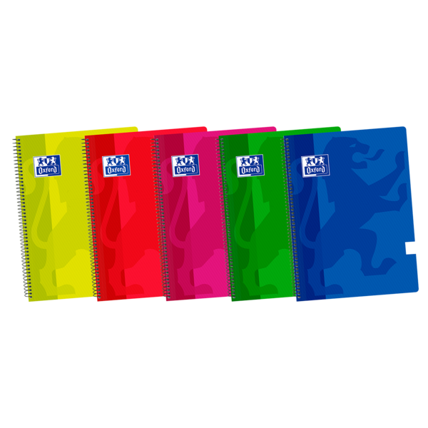 LOT de 5 Cahier à spirales Oxford School Classic Fº - Couverture en plastique lisse - 80 feuilles - Couleurs assorties