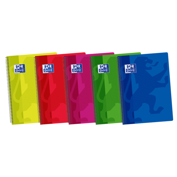 LOT de 5 Cahier à spirales Oxford School Classic Fº - Couverture en plastique résistant - 1 ligne avec marge pour une écriture ordonnée - 80 feuilles - Couleurs assorties