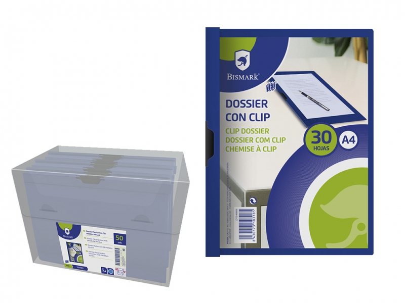 LOT de 5 Dossier Bismark avec Clip Métallique Latéral - Polypropylène Transparent - Capacité 30 Feuilles A4 - Coloris Bleu