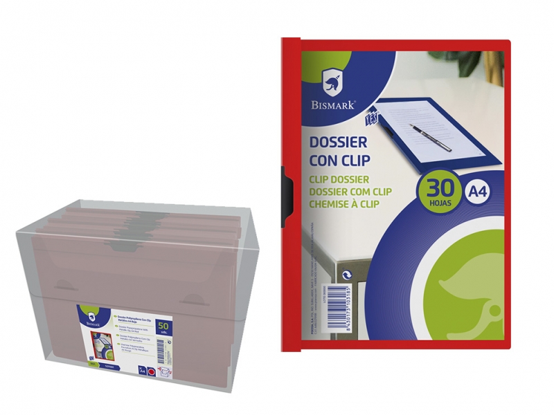 LOT de 5 Dossier Bismark avec Clip Métallique - Polypropylène Transparent - Capacité 30 Feuilles A4 - Couleur Rouge