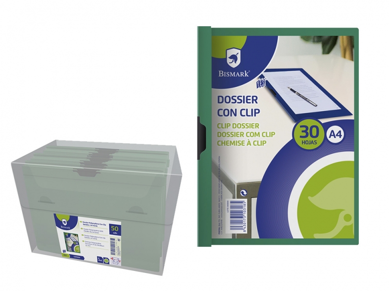 LOT de 5 Dossier Bismark avec Clip Métallique - Polypropylène Transparent - Capacité 30 Feuilles A4 - Couleur Vert