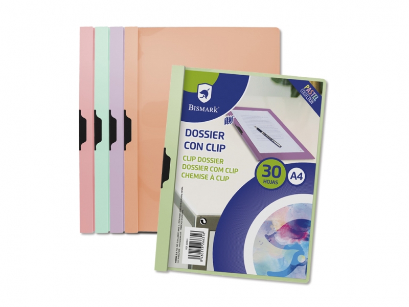 LOT de 5 Dossier Pastel Bismark avec Clip A4 - Polypropylène Transparent - Clip Métallique Latéral - Capacité 30 Feuilles - Couleurs Assorties