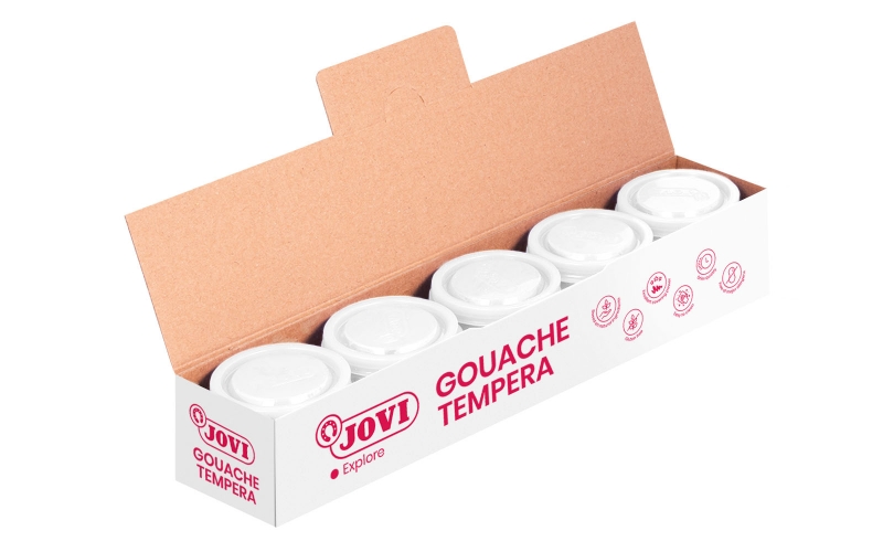 LOT de 5 Jovi Tempera Bouteille 35 ml - Couleurs Mélangables - Utilisation sur Papier, Carton, Bois, Tissu, Pâte à Modeler et Boue - Application au Pinceau, Rouleau ou Spatule - Couleur Blanc