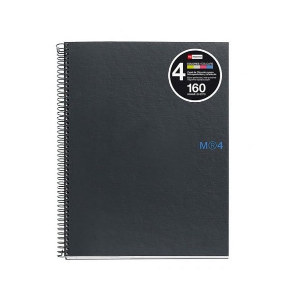 LOT de 5 Miquel Rius Notebook4 Cahier à Spirale Format A5 - 160 Feuilles de 90gr Microperforées à 2 Trous - Couvertures en Carton Extra Dur - Grille 5x5 - Couleur Gris Foncé