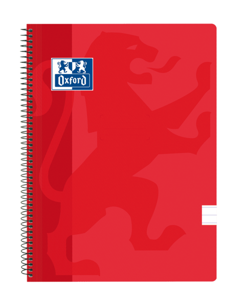 LOT de 5 Oxford School – carnet à spirale classique, couverture en plastique, Folio, 80 feuilles, 1 ligne avec marge, couleur rouge