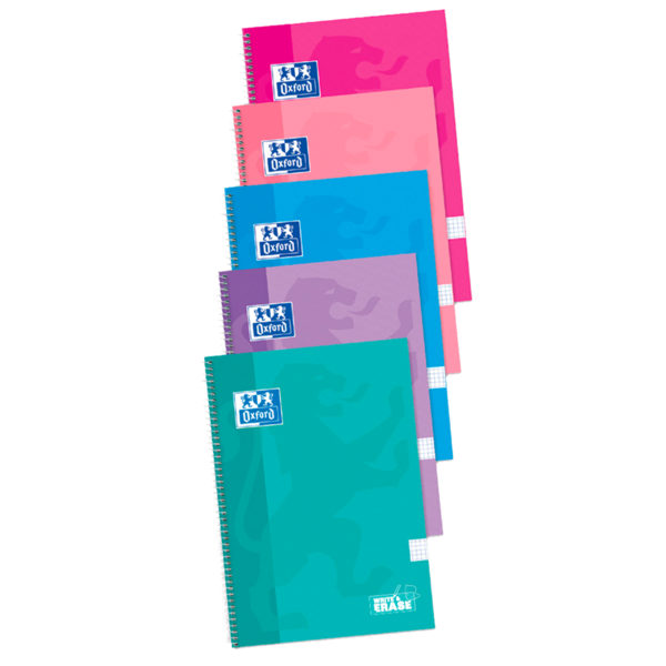 LOT de 5 Oxford School – carnet à spirale classique, couverture extra rigide, écriture et effacement, folio 4x4 avec marge, 80 feuilles, couleurs assorties