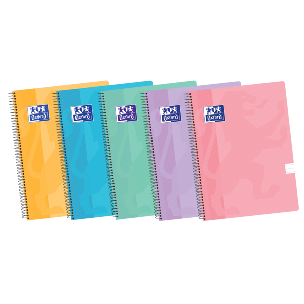 LOT de 5 Oxford School Classic A4+ Europeanbook Spiralflex - Couverture plastique robuste - 50 feuilles de papier de haute qualité - 1 ligne d'écriture - Couleurs assorties