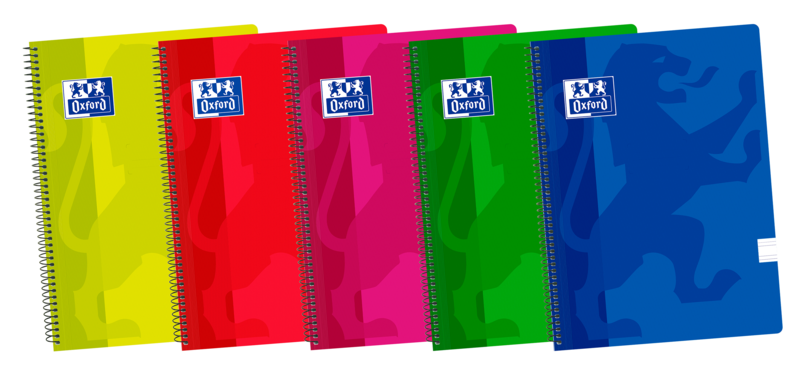 LOT de 5 Oxford School Classic Fº Cahier à spirales - Couverture plastique - Règle 3.5 avec marge - 80 feuilles - Couleurs assorties