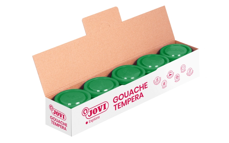 LOT de 5 Pot de Tempera Jovi School - 35 ml - Couleurs Mélangables - pour Papier, Carton, Bois, Tissu, Pâte à Modeler et Boue - À Utiliser avec Pinceau, Rouleau ou Spatule - Couleur Vert