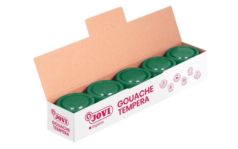 LOT de 5 Pot de Tempera Jovi School - 35 ml - Couleurs Mélangables - pour Papier, Carton, Bois, Tissu, Pâte à Modeler et Boue - À Utiliser avec Pinceau, Rouleau ou Spatule - Couleur Vert