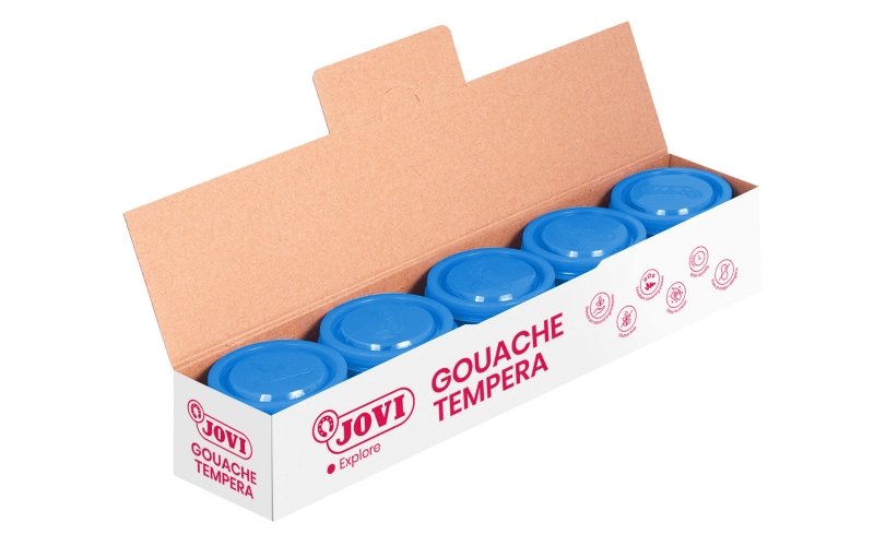 LOT de 5 Pot Tempera Jovi School - 35 ml - Couleurs Mélangables - pour Papier, Carton, Bois, Tissu, Pâte à Modeler et Boue - Utilisation avec Pinceau, Rouleau ou Spatule - Couleur Bleu