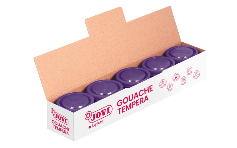 LOT de 5 Pot Tempera Jovi School - 35 ml - Couleurs Mélangables - pour Papier, Carton, Bois, Tissu, Pâte à Modeler et Boue - Utilisation avec Pinceau, Rouleau ou Spatule - Couleur Violet