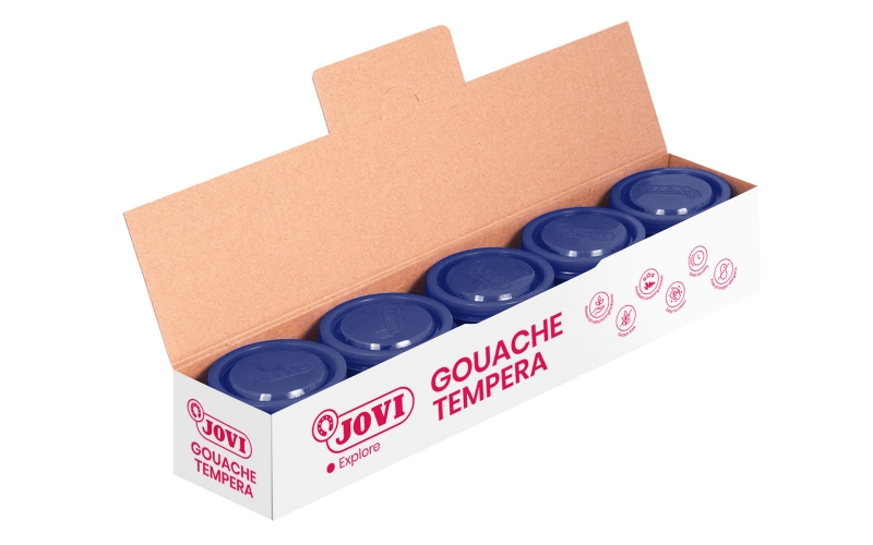 LOT de 5 Pot Tempera Jovi School - 35 ml - Couleurs Mélangables - pour Papier, Carton, Bois, Tissu, Pâte à Modeler et Boue - Utilisation avec Pinceau, Rouleau ou Spatule - Couleur Bleu