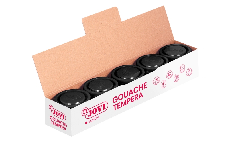 LOT de 5 Pot Tempera Jovi School - 35 ml - Couleurs Mélangables - pour Papier, Carton, Bois, Tissu, Pâte à Modeler et Boue - Utilisation avec Pinceau, Rouleau ou Spatule - Couleur Noir