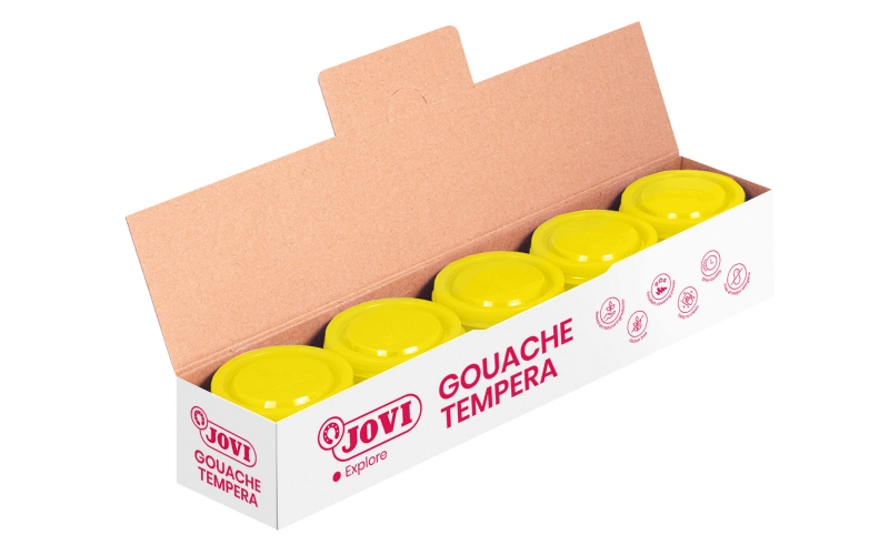 LOT de 5 Pot Tempera Jovi School - 35 ml - Couleurs miscibles - pour papier, carton, bois, tissu, pâte à modeler et boue - Utilisation avec pinceau, rouleau ou spatule - Couleur jaune