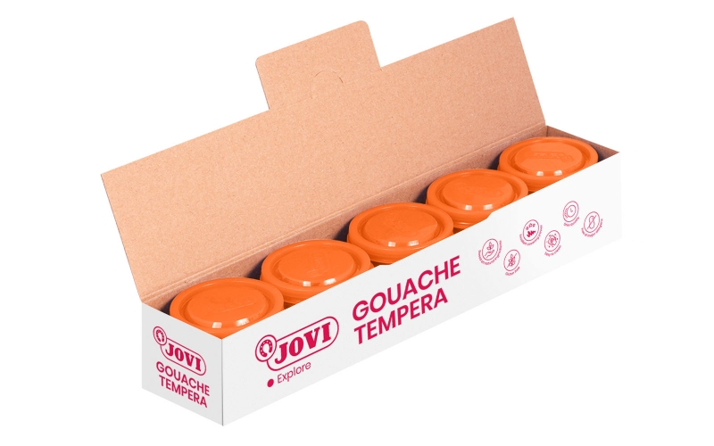 LOT de 5 Pot Tempera Jovi School - 35 ml - Couleurs miscibles - pour papier, carton, bois, tissu, pâte à modeler et boue - Utilisation avec pinceau, rouleau ou spatule - Couleur orange