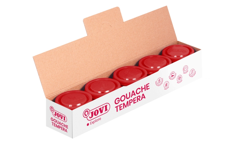 LOT de 5 Pot Tempera Jovi School - 35 ml - Couleurs miscibles - pour papier, carton, bois, tissu, pâte à modeler et boue - Utilisation avec pinceau, rouleau ou spatule - Couleur rouge