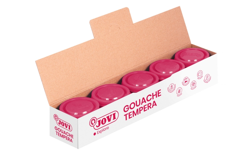 LOT de 5 Pot Tempera Jovi School - 35 ml - Couleurs miscibles - pour papier, carton, bois, tissu, pâte à modeler et boue - Utilisation avec pinceau, rouleau ou spatule - Couleur rose