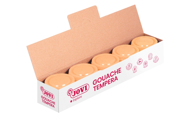 LOT de 5 Pot Tempera Jovi School - 35 ml - Couleurs miscibles - pour papier, carton, bois, tissu, pâte à modeler et boue - Utilisation avec pinceau, rouleau ou spatule - Couleur orange