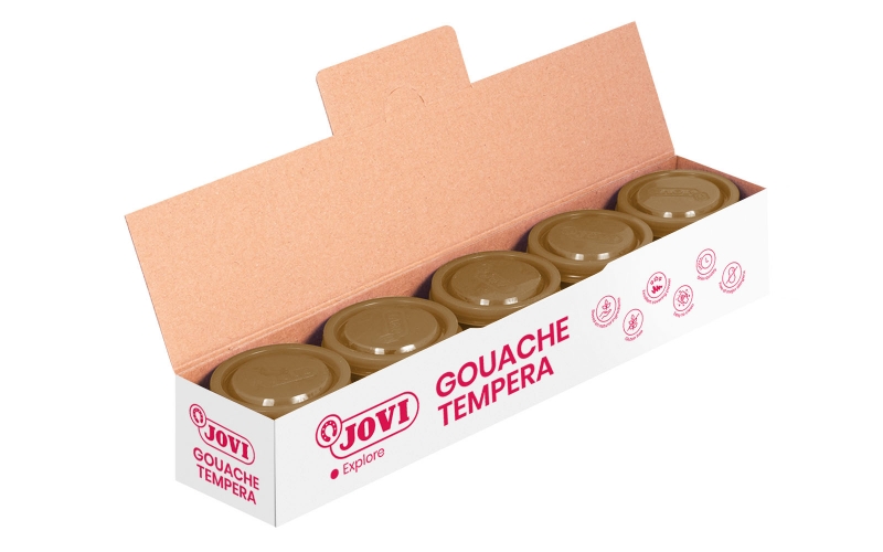 LOT de 5 Pot Tempera Jovi School - 35 ml - Couleurs miscibles - pour papier, carton, bois, tissu, pâte à modeler et boue - Utilisation avec pinceau, rouleau ou spatule - Couleur marron