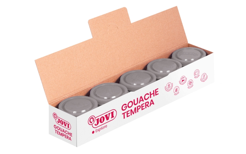 LOT de 5 Pot Tempera Jovi School - 35 ml - Couleurs miscibles - Utilisation sur papier, carton, bois, tissu, pâte à modeler et boue - Application au pinceau, rouleau ou spatule - Couleur gris