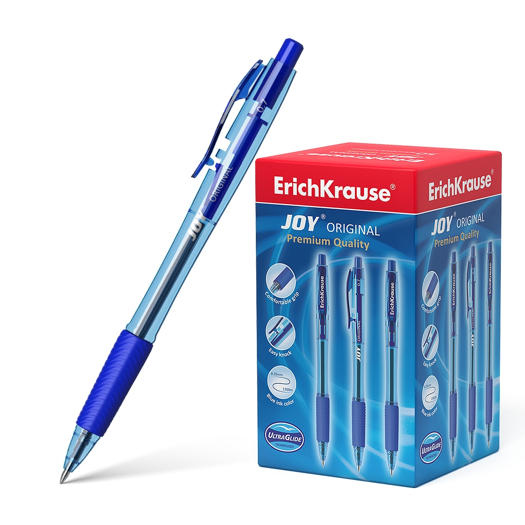 LOT de 50 Stylo à bille automatique Erichkrause Joy Original - Technologie Ultra Glide - Corps rond translucide - Pointe 0,7 mm - Encre à faible viscosité - Couleur bleue