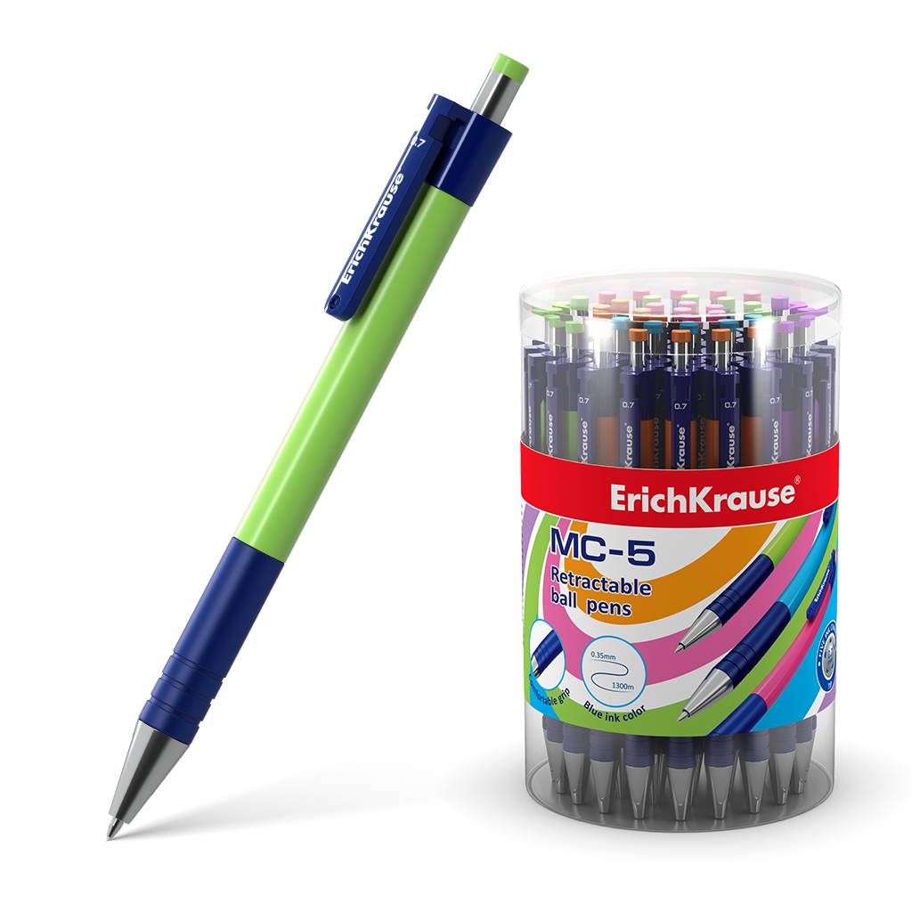 LOT de 50 Stylo à bille automatique Erichkrause Mc-5 - Corps rond en satin - Détails métalliques - Pointe à 5 canaux - Encre à séchage rapide - Couleur bleue