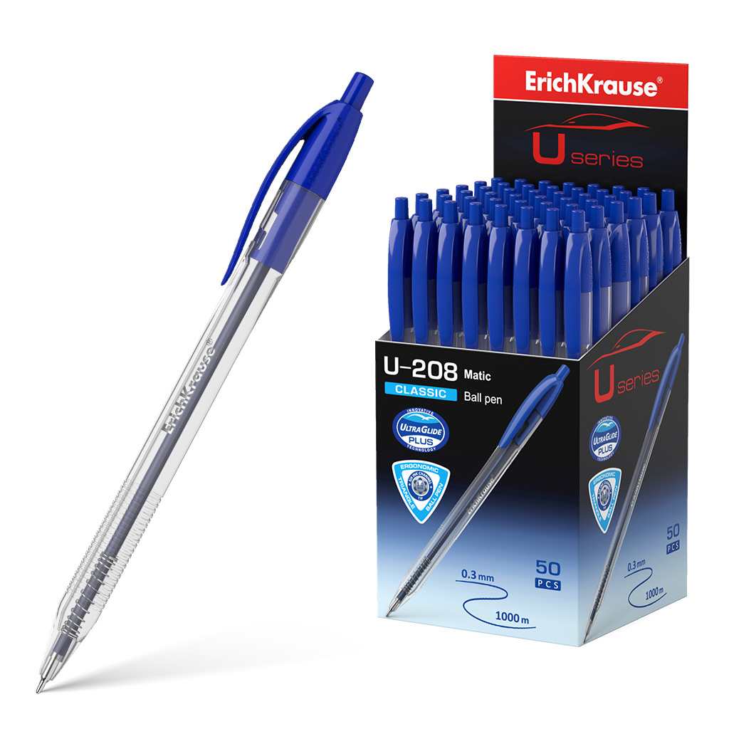 LOT de 50 Stylo à bille automatique Erichkrause U-208 Classic Matic - Technologie Ultra Glide - Corps transparent avec grip - Couleur bleue