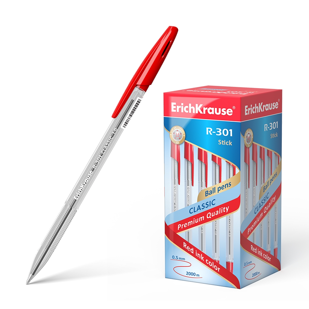 LOT de 50 Stylo à bille Erichkrause R-301 Classic Stick 1.0 - Corps transparent hexagonal - Pointe de 1,0 mm - Encre à séchage rapide - Couleur rouge