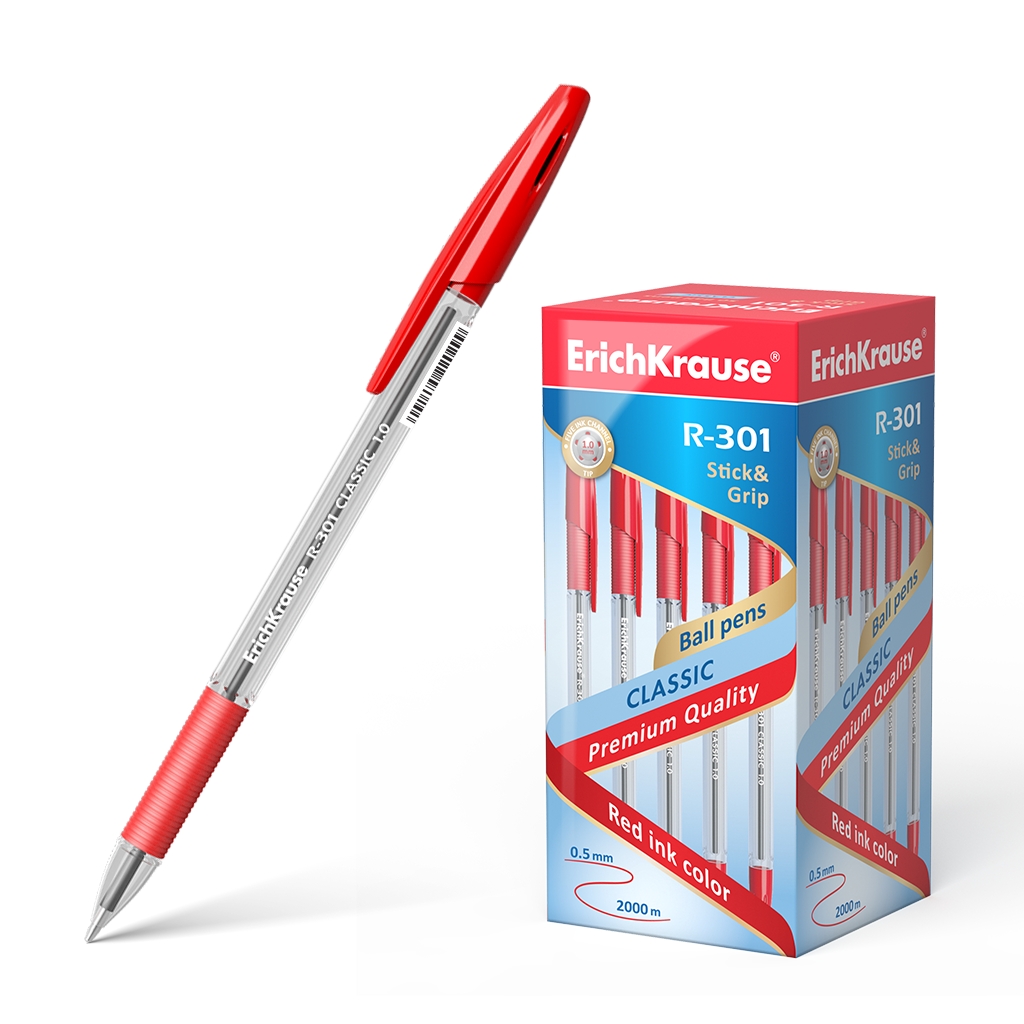 LOT de 50 Stylo Bille Erichkrause R-301 Classic Stick&Grip 10 - Corps Transparent Hexagonal - Zone Grip en Caoutchouc - Capuchon Ventilé - Encre Rouge