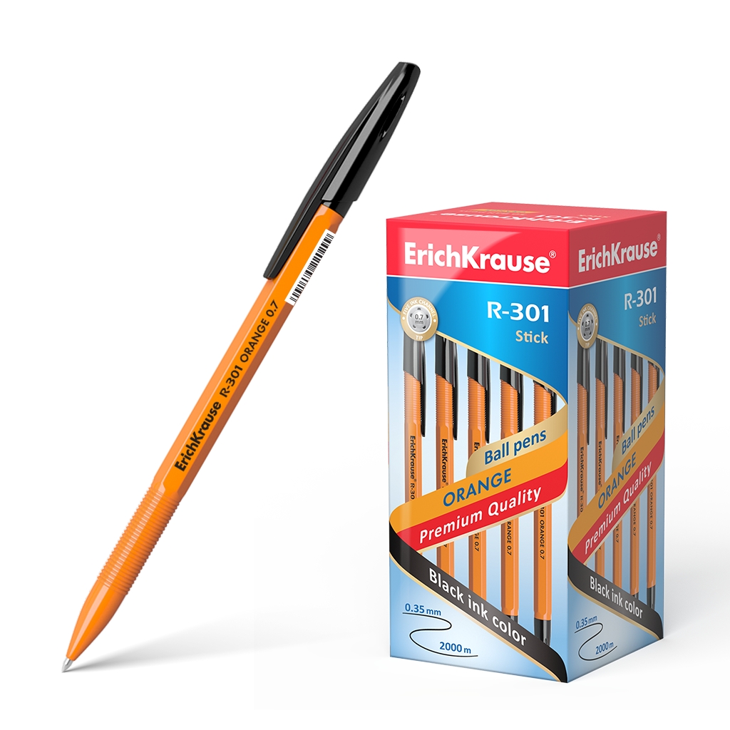 LOT de 50 Stylo bille Erichkrause R-301 Orange Stick 0.7 - Corps Hexagonal Opaque - Pointe 0.7mm - Encre à Séchage Rapide - Couleur Noire