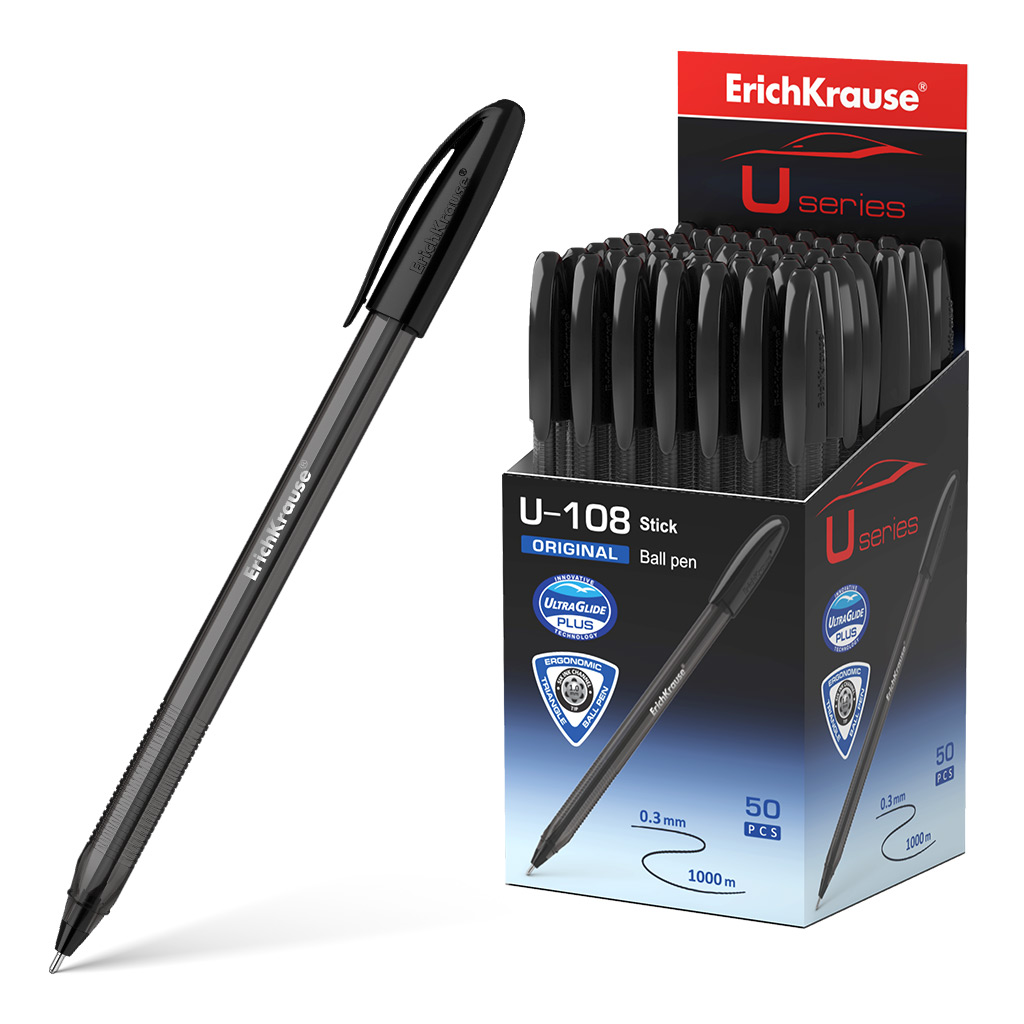 LOT de 50 Stylo bille Erichkrause U-108 Original Stick - Technologie Ultra Glide - Encre noire