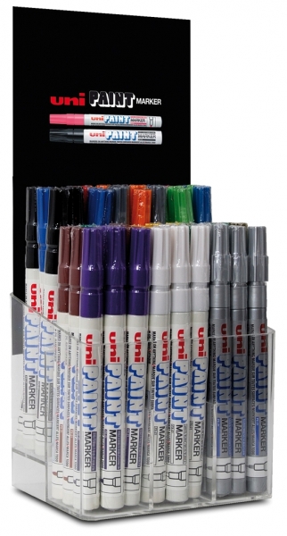 LOT de 54 Uni-ball PX-21/54P Présentoir de 54 marqueurs peinture - Pointe ogive acrylique 0,8-1,2 mm - Trait fin - Corps en aluminium - Encre permanente résistante à la lumière et à l'eau - Couleurs assorties