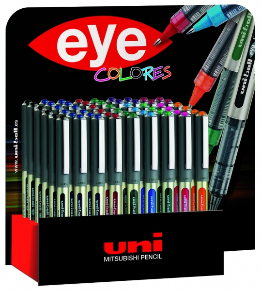 LOT de 54 Uni-ball UB-157 Eye Fine Display de 54 stylos à encre liquide - Pointe sphérique de 0,7 mm - Encre résistante à l'eau et à la lumière - Système de contrôle de l'encre - Fenêtre de niveau d'encre - Couleurs assorties