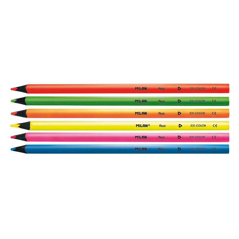 Lot de 6 crayons de couleur triangulaires Milan Fluo - Mine 2,9 mm - Ergonomiques - Incassables - Bois de tilleul - Couleurs assorties