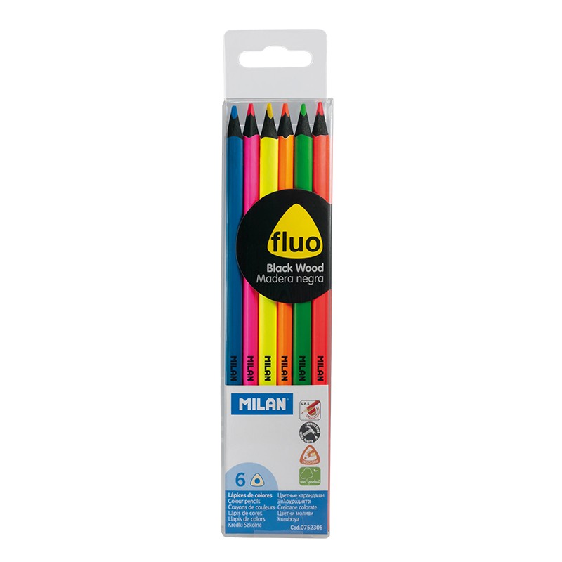 Lot de 6 crayons de couleur triangulaires Milan Fluo - Mine 2,9 mm - Ergonomiques - Incassables - Bois de tilleul - Couleurs assorties