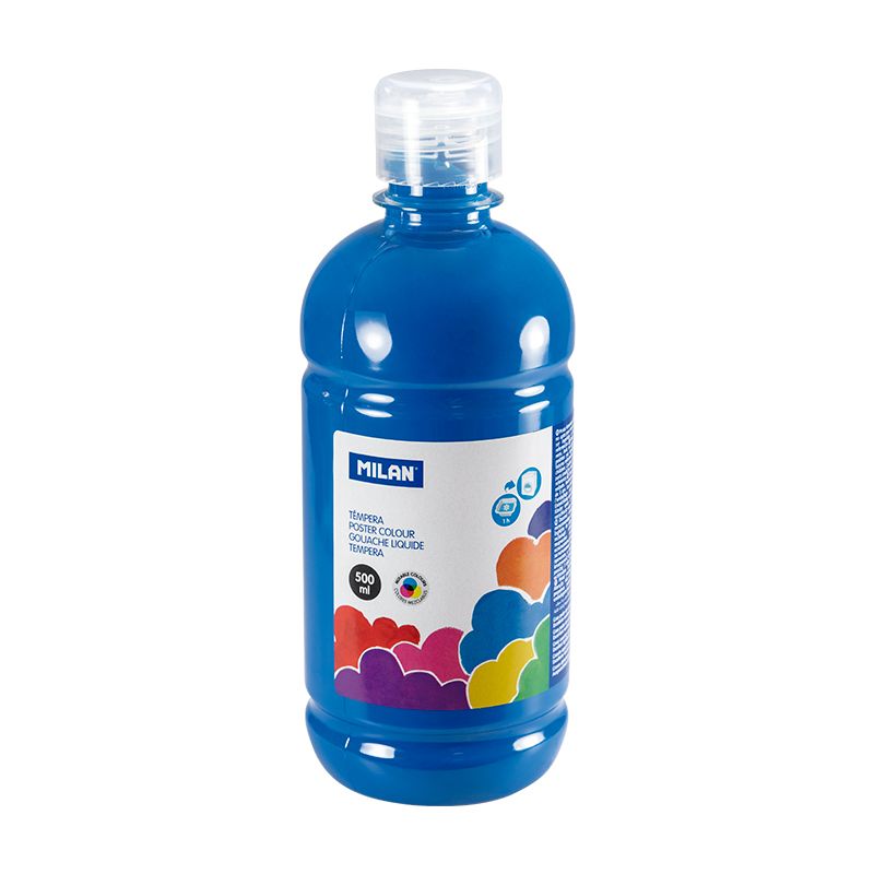 LOT de 6 Flacon Milan Tempera 500 ml - Bouchon distributeur - Séchage rapide - Miscible - Couleur Bleu Cyan