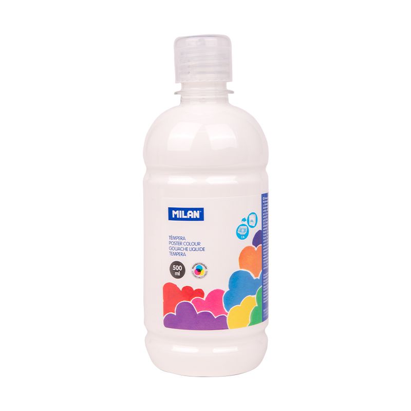 LOT de 6 Flacon Milan Tempera 500ml - Bouchon Distributeur - Séchage Rapide - Miscible - Couleur Blanc