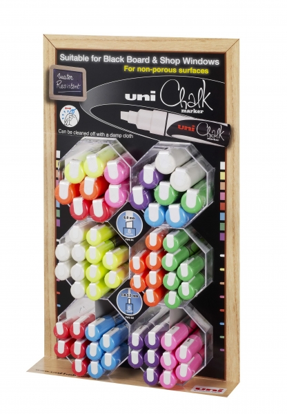 LOT de 60 Uni-ball PWE-5M/8K Présentoir de 60 marqueurs à craie liquide - Pointe biseautée 8 mm - Effaçable à l'eau - Résistant à la pluie - Couleurs assorties