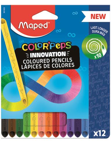 Maped Color'Peps Infinity Pack de 12 Crayons de Couleur Longue Tenue - Entièrement en Mine - Couleurs Assorties