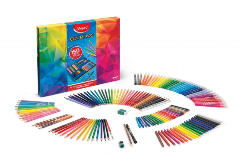 Maped Color'Peps Pack de 150 pièces pour colorier avec feutres, crayons de couleurs forts, Infinity, Aqua, Pastel et Duo World, crayons de couleur, marqueur pailleté, crayon graphite, pinceau, gomme et taille-crayon