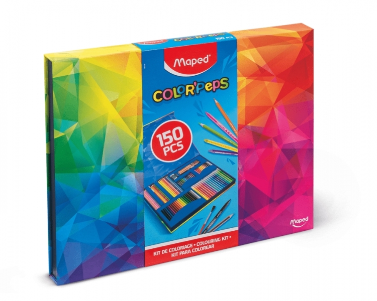 Maped Color'Peps Pack de 150 pièces pour colorier avec feutres, crayons de couleurs forts, Infinity, Aqua, Pastel et Duo World, crayons de couleur, marqueur pailleté, crayon graphite, pinceau, gomme et taille-crayon