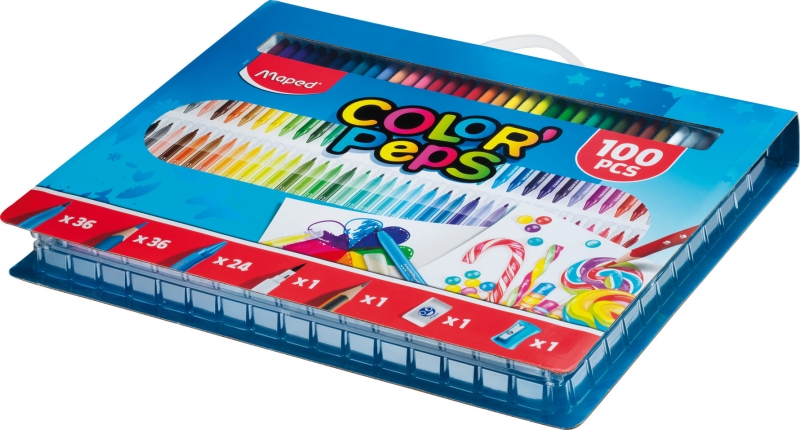 Maped Color`Peps Pack de 100 pièces de coloriage - 36 marqueurs, 36 crayons, 24 crayons de couleur, 1 marqueur à pointe pinceau, 1 crayon graphite, 1 gomme et 1 taille-crayon - Couleurs assorties