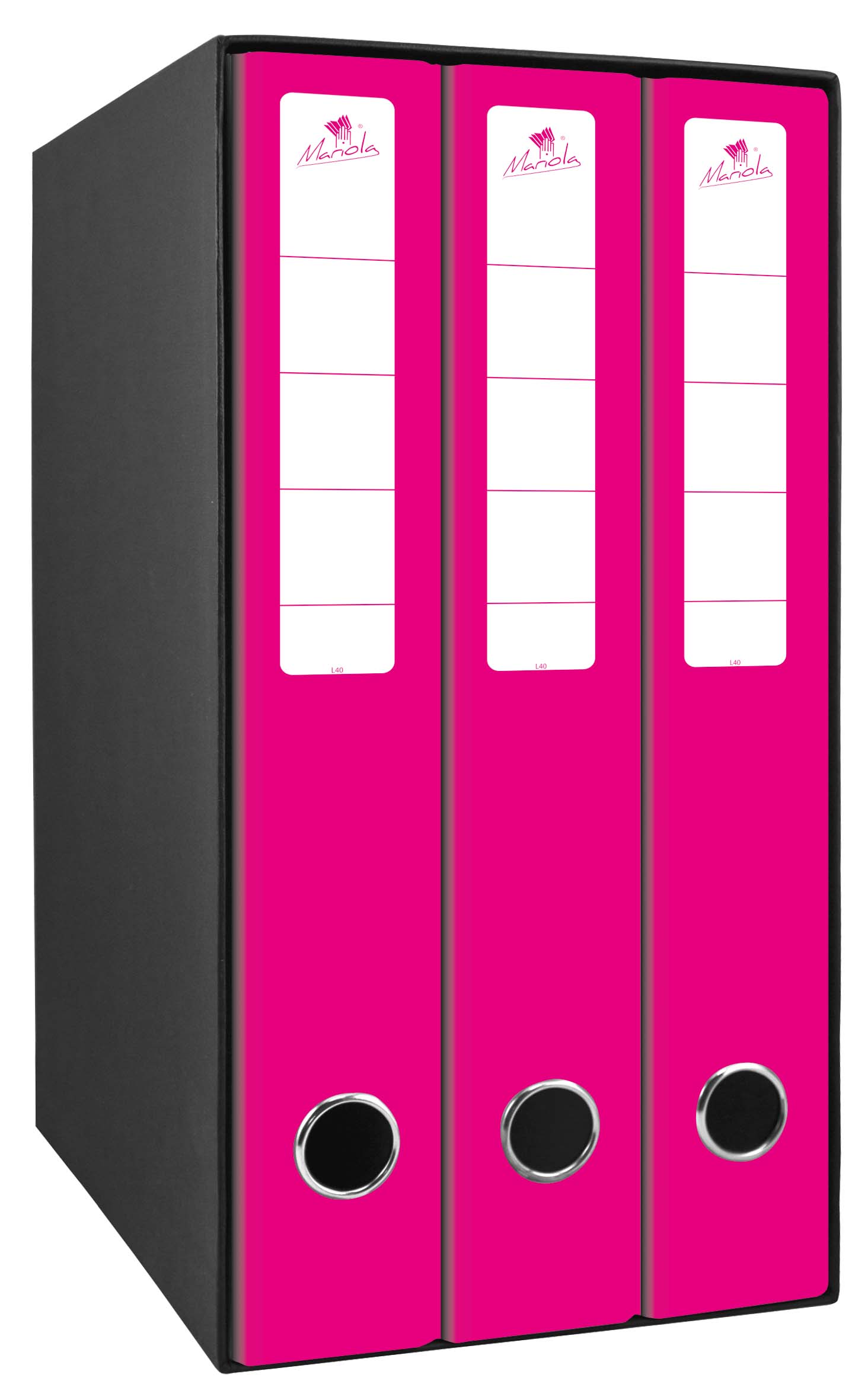 Mariola Box Module de 3 Classeurs avec Rado 2 Anneaux 40mm - Format 35x26x17cm - Carton Ligné - Couleur Fuchsia